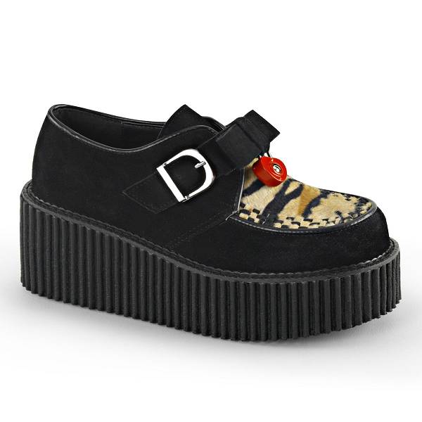 Demonia Women's Creeper-213 Platform Creeper Shoes - Black Vegan Suede/Tiger Print Faux Fur D0542-67US Clearance
